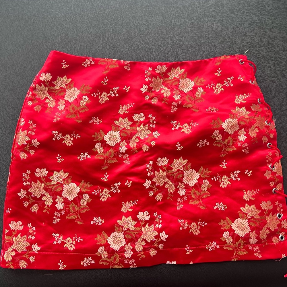 Red Flower Printed Mini Skirt
